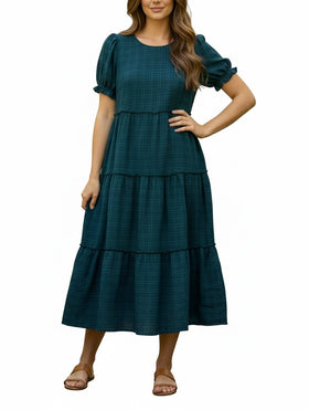 Vesido turquesa tipo campestre, de manga corta abombada - 0