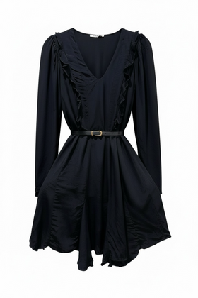 Vestido negro manga larga con cinturón y olan frontal