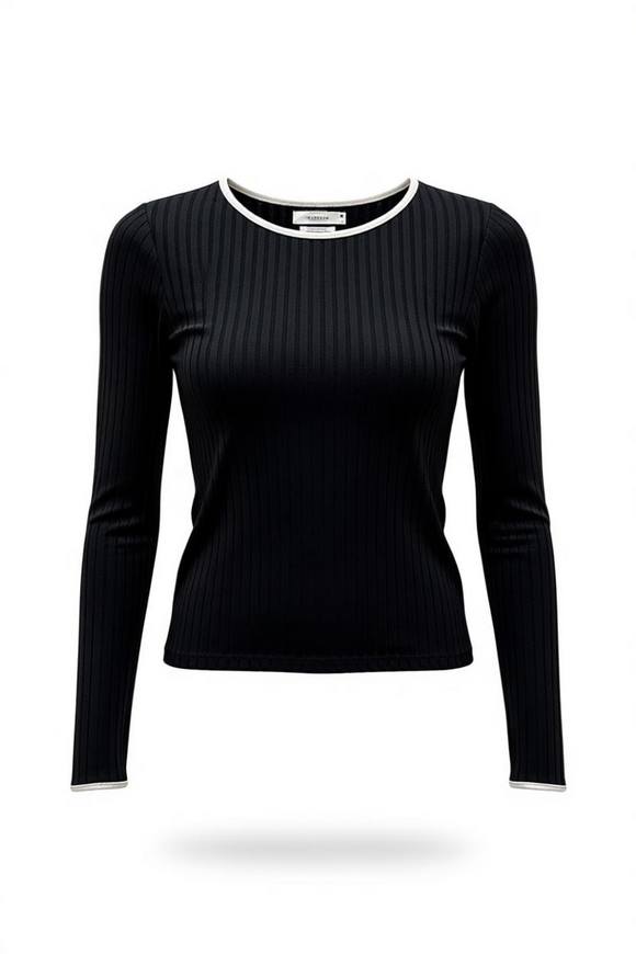 Blusa ajustada manga larga con línea blanca en borde de cuello y manga