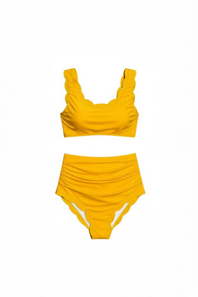 Bikini corte alto color mostaza, de bordes circulares