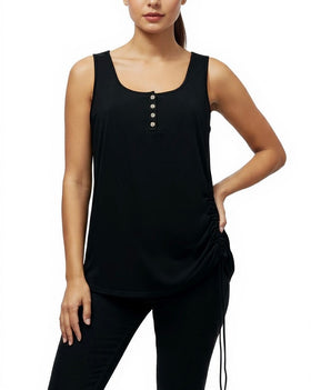 Blusa negra sin mangas con botones al frente y drapeado al costado - 0