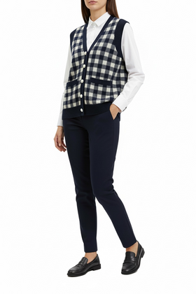 Chaleco azul a cuadros de cashmere con bolsas y botones al frente - 0