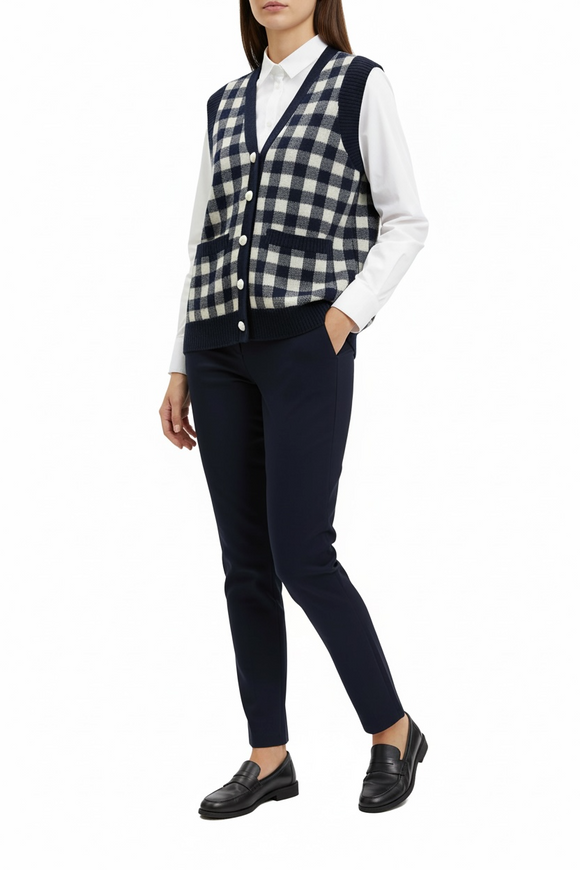 Chaleco azul a cuadros de cashmere con bolsas y botones al frente