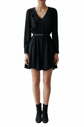 Vestido negro manga larga con cinturón y olan frontal - 0