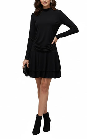 Vestido elástico negro, con drapeado en cintura, manga larga y cuello tortuga - 0