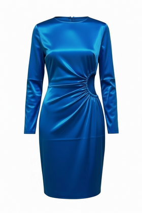 Vestido corto satinado azul, abertura circular en cintura
