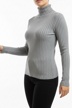 Blusa gris ajustada elástica, manga larga y cuello de tortuga - 0