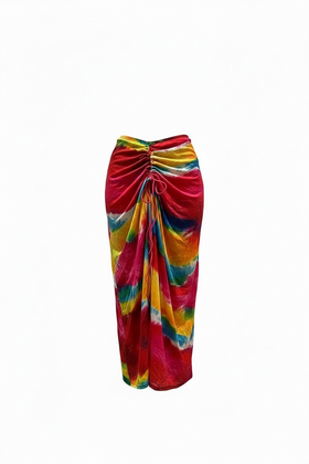 Falda tipo pareo multicolor de malla transparente y un drapeado y cintillas