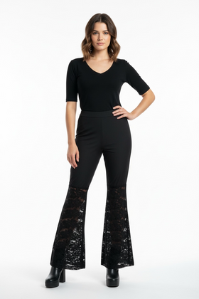 Pantalón elástico con media pierna de encaje y campana - 0