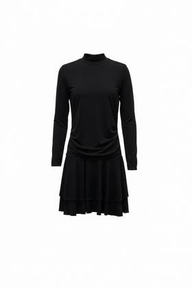 Vestido elástico negro, con drapeado en cintura, manga larga y cuello tortuga