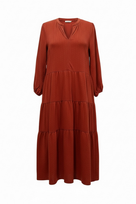 Vestido tipo campestre color naranja quemada, manga 3/4 abombada