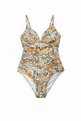 Traje de baño con drapeado en abdomen, naranja floral