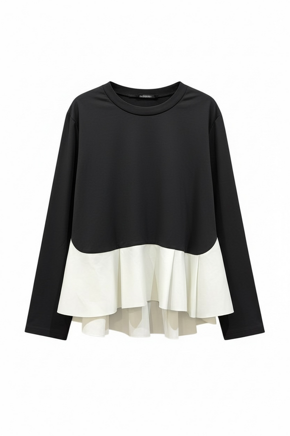 Blusa negra manga larga, con Olán grande a la cintura color blanco