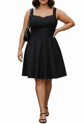 Vestido negro con tipo corset, botones y encaje en escote - 0