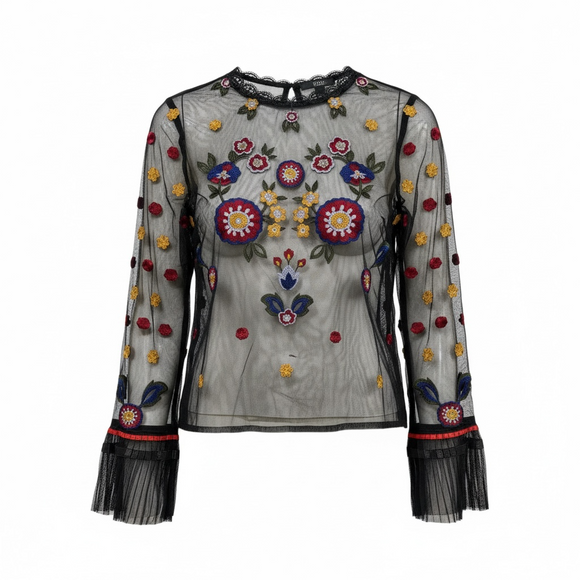 Blusa tul transparente con bordado en flor
