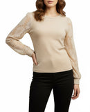 Blusa tipo suéter beige, con pecho tejido y mangas largas de encaje,-2