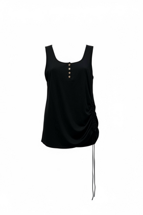 Blusa negra sin mangas con botones al frente y drapeado al costado