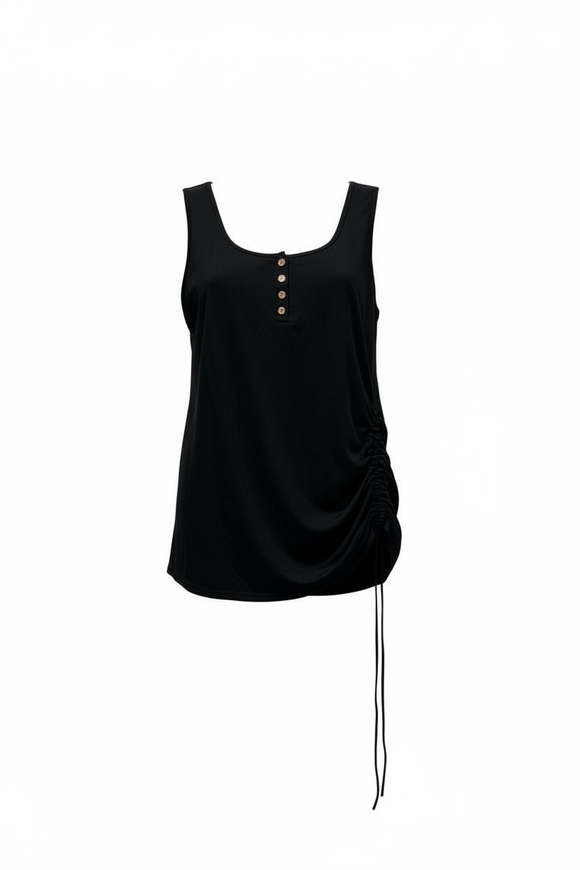 Blusa negra sin mangas con botones al frente y drapeado al costado