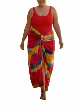 Falda tipo pareo multicolor de malla transparente y un drapeado y cintillas - 0