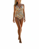 Traje de baño con drapeado en abdomen, naranja floral-2