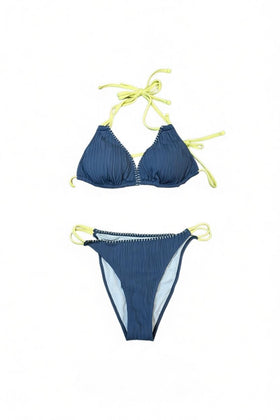 Bikini azul quemado, con cordones amarillo fosforescente, ajustable en la parte superior