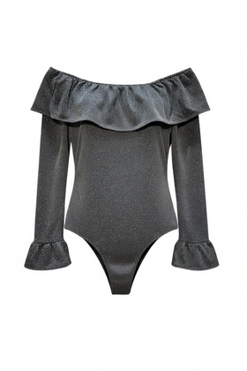 Blusa body gris metálica y brillo sin hombros