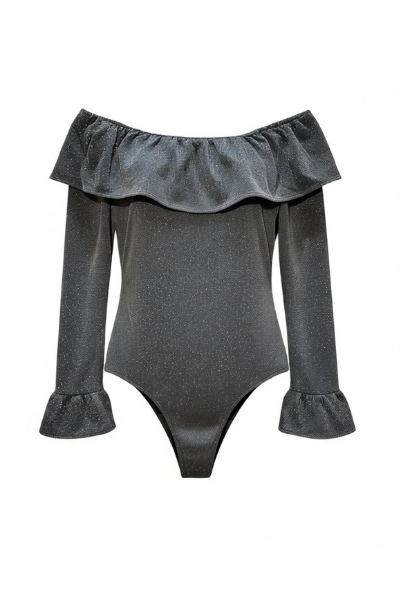 Blusa body gris metálica y brillo sin hombros
