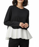 Blusa negra manga larga, con Olán grande a la cintura color blanco-2