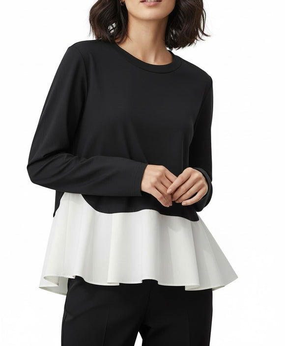 Blusa negra manga larga, con Olán grande a la cintura color blanco