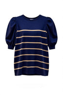 Blusa navy con rayas color beige y manga abombada con empuñadura 3/4-1