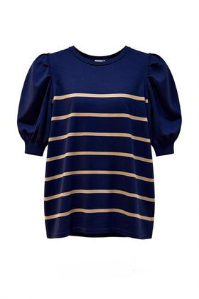 Blusa navy con rayas color beige y manga abombada con empuñadura 3/4