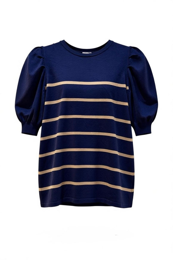 Blusa navy con rayas color beige y manga abombada con empuñadura 3/4