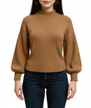 Blusa manga larga color camello, mangas abombadas y cuello alto-2