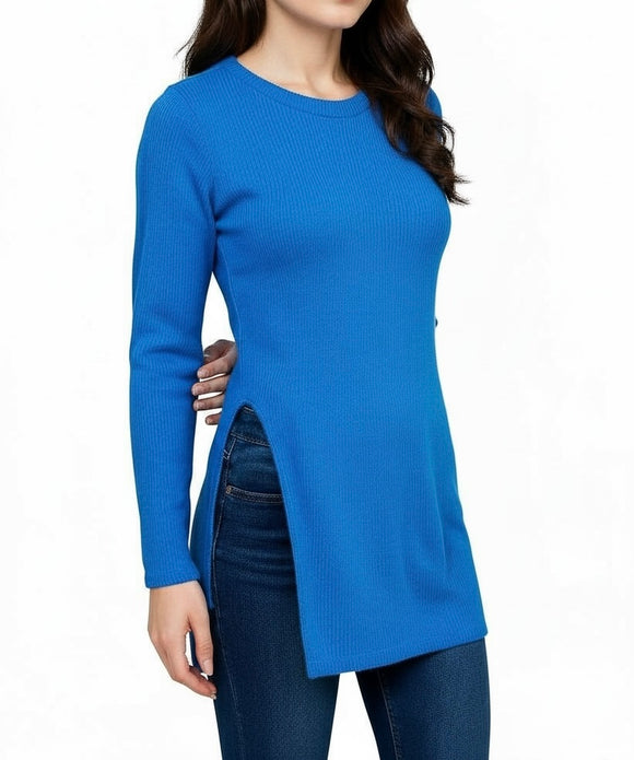 Blusa azul manga larga con abertura al costado