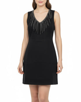 Vestido gamuzado negro con tiras con punto metálico al frente - 0