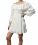 Vestido blanco entablillado manda larga de un solo hombro con Olán en escote-2