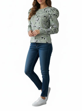 Blusa verde menta tipo suéter con hombreras abombachadas y diseño floral - 0