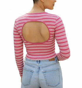 Blusa corta rayada rosa con abertura en espalda - 0