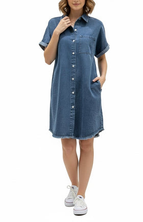Vestido mezclilla tipo camisa, manga corta doblada hacia arriba, con bolsillo en el pecho - 0