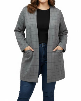 Saco talla grande gris a cuadros y bolsillos frontales - 0