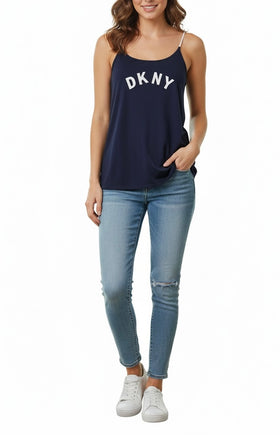 Blusa azul marino tirante regulable con impresión al frente de letras blancas - 0