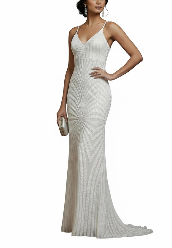 Vestido blanco de lentejuelas, tirantes ajustables y espalda cruzada,