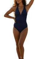 Traje de baño completo color navy liso y drapeado en abdomen-2