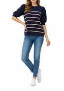 Blusa navy con rayas color beige y manga abombada con empuñadura 3/4-2