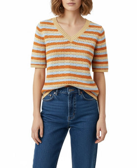 Blusa de punto a rayas naranja, con manga corta y cuello en V - 0