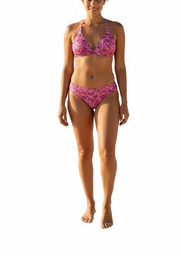 Bikini rosa con tirante cruzado y ajuste trasero semicorset