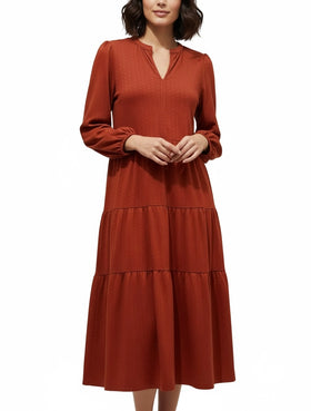 Vestido tipo campestre color naranja quemada, manga 3/4 abombada - 0