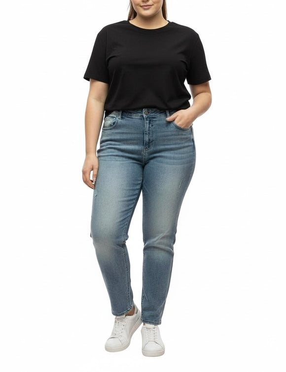 Pantalón de mezclilla tipo deslavado y rasgaduras al frente