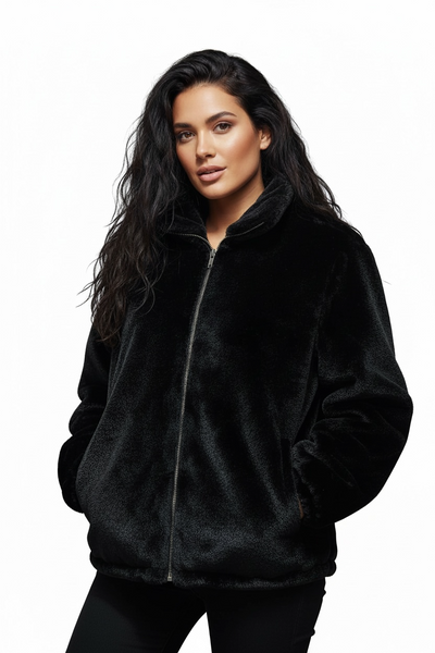 Chamarra afelpada tipo “pelo” negro, con bolsillos y cierre metálico frontal - 0