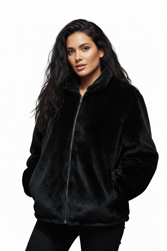 Chamarra afelpada tipo “pelo” negro, con bolsillos y cierre metálico frontal